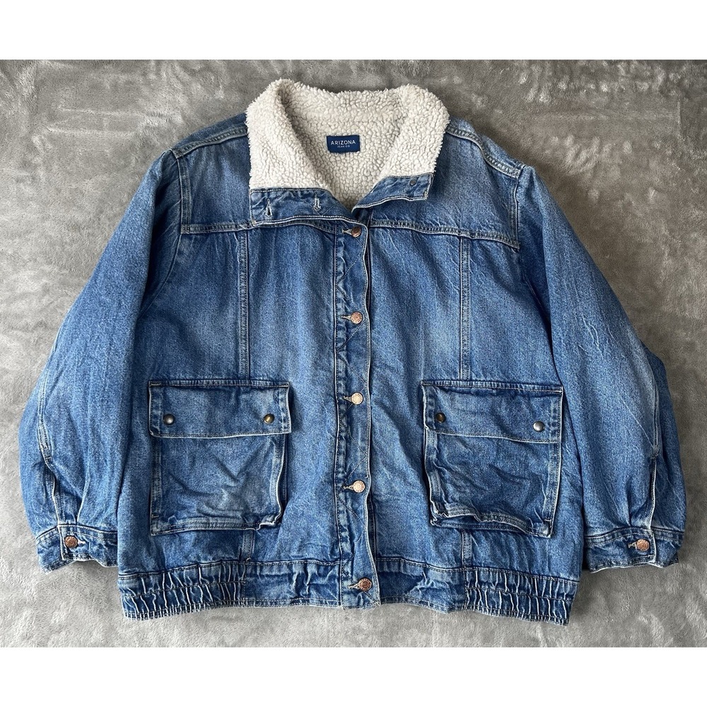 Arizona Jean Company Jacket Mens XL Blue Sherpa Lined Denim Fleece Trucker Coat